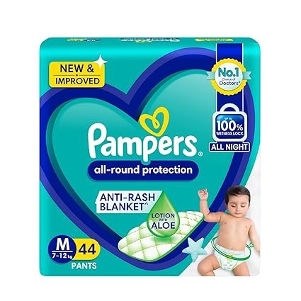 Pampers All Round Protection Pant Style Baby Diapers, Medium (M), 44 Count,