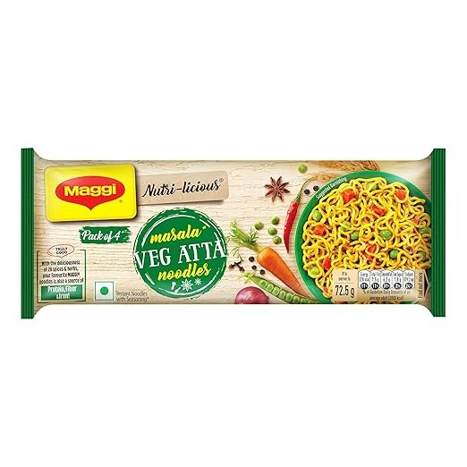 MAGGI Nutri-licious Veg Atta Masala Noodles, Instant Noodles with 20 Spices & Herbs, Source of Fibre & Iron, Atta Noodles with Appetizing Aroma & Delicious Taste, 290g Packet