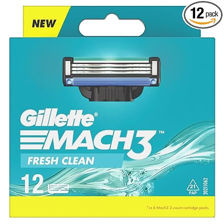 Gillette Mach3 Shaving 3-Bladed Cartridges, Pack of 12