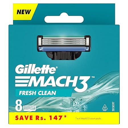 Gillette Mach3 Shaving 3-Bladed Cartridges, Pack of 8